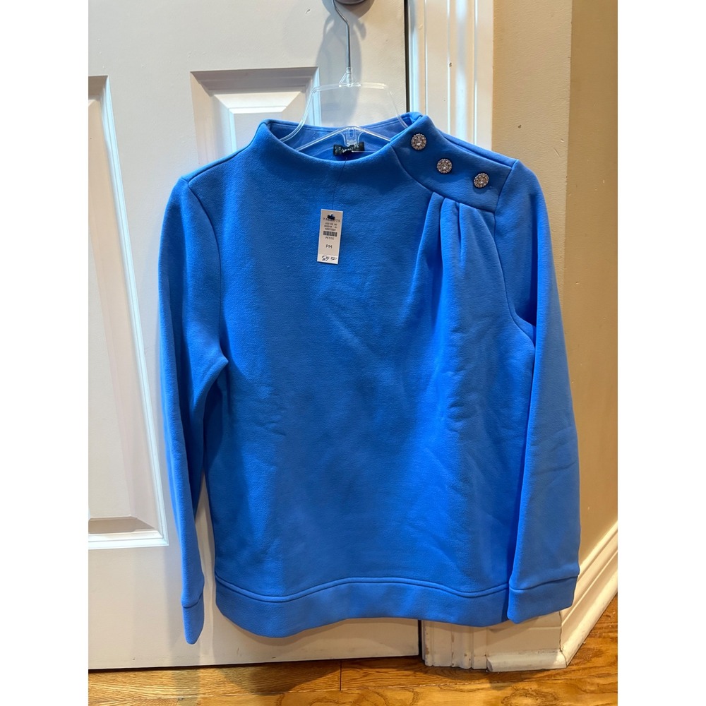 Talbots Petite Blue Mock Neck Button Shoulder Sweatshirt size medium petite NEW